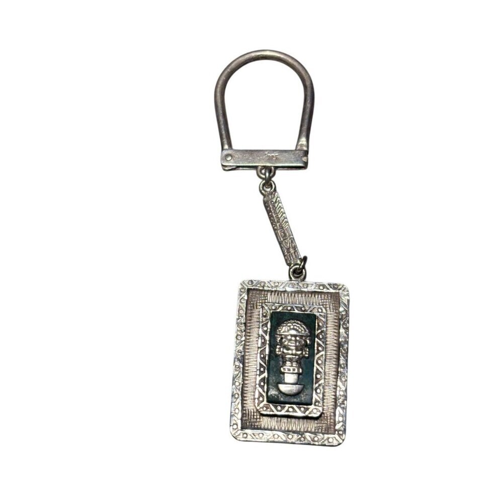 Sterling Silver 925 Vtg Aztec Mayan God Keychain on Jade Collectible 1987
